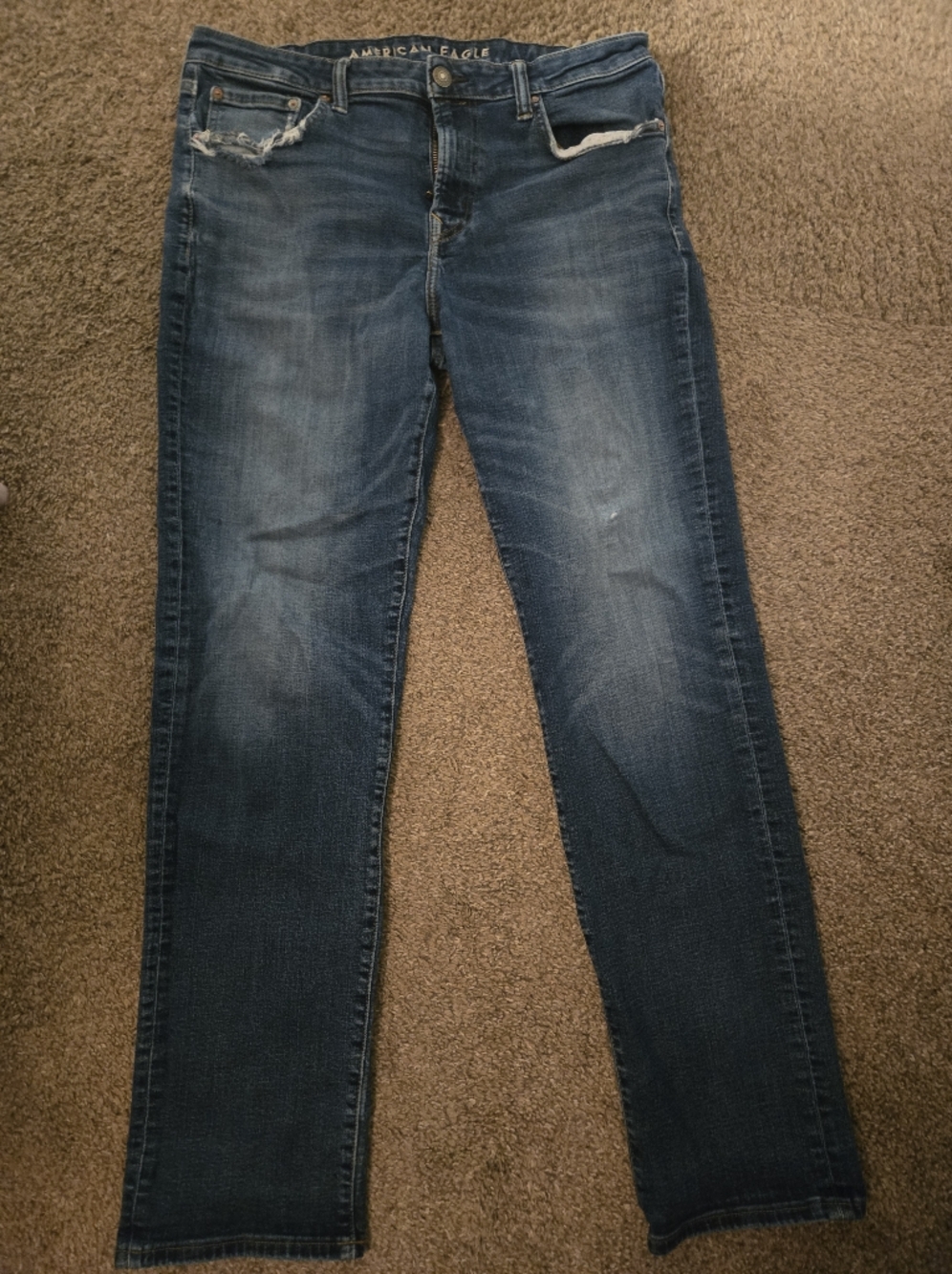 American Eagle Outfitters Men's Dark Blue OriginalJeans with Light Distressing